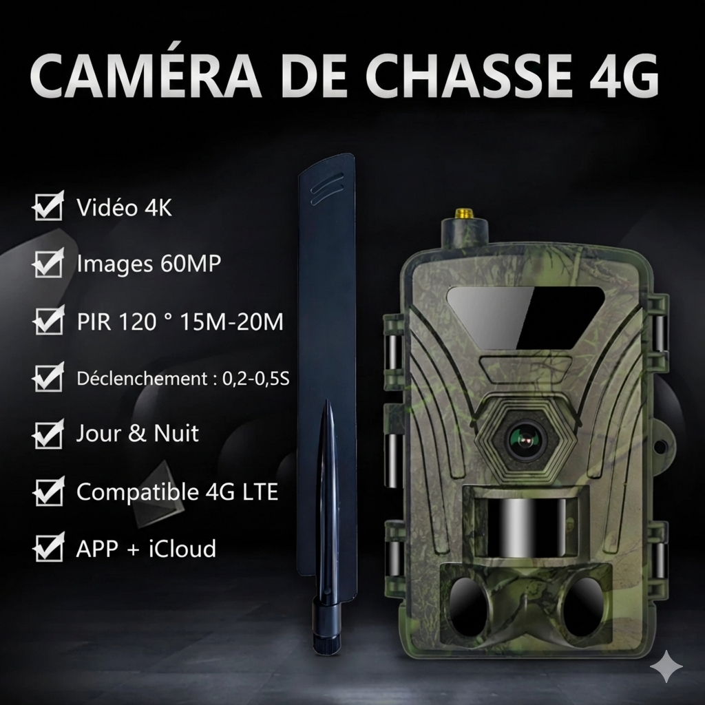 ApexCam PR803LTE-4G — Caméra de chasse 4G avec photos 60MP, vidéo 4K et alertes en temps réel sur votre téléphone
